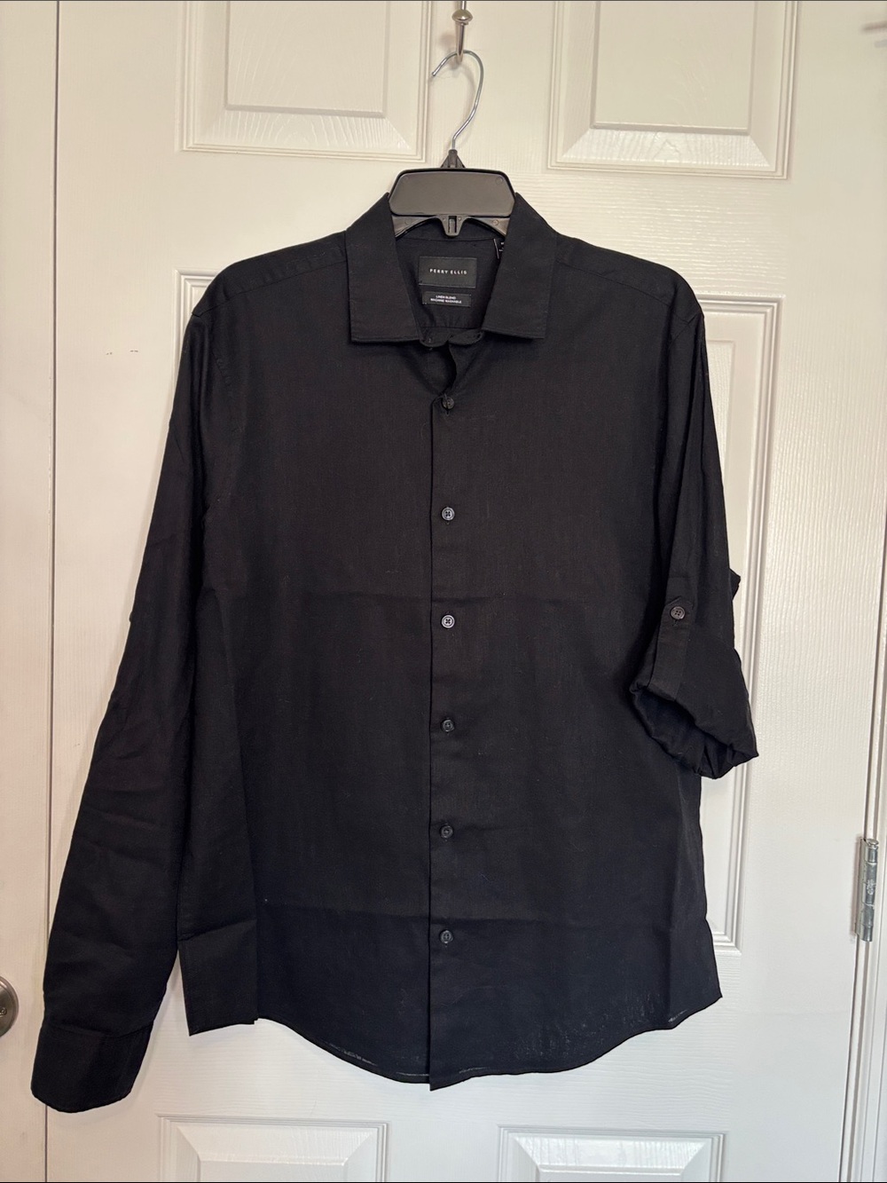 Perry Ellis Mens Black Linen Blend Roll Tab Button-Up Shirt Size M NWT